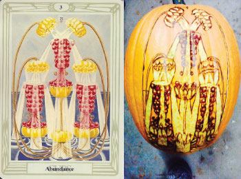 The Abundance Tarot Card embodies the energy of Thanksgiving! (Pumpkin art courtesy of 11th Hour Farming Artists)